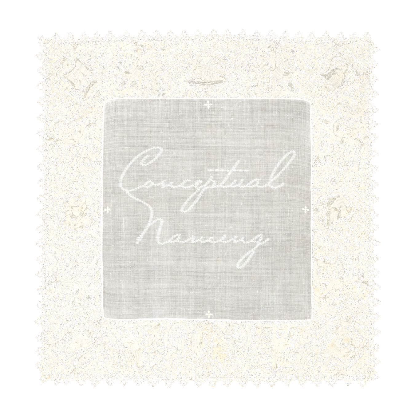A white embroidered cloth with the words 'Conceptual Naming' in cursive, surrounded by a lace border with floral and decorative patterns.
