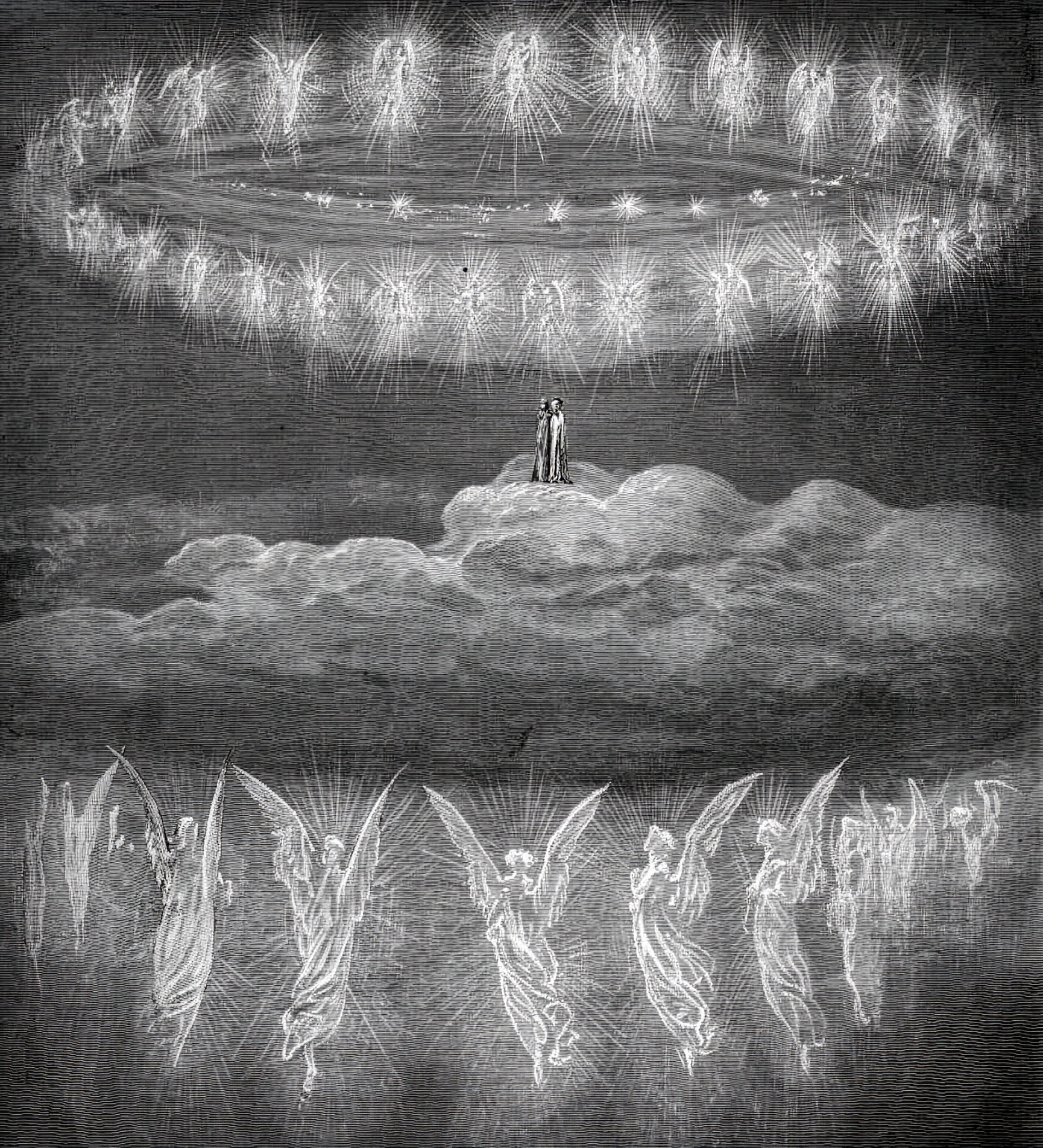 An etching of a circle of glowing angels surround two human figures in the night sky. Art is "Chant 28: The Angelic Wreaths" by Gustav Doré from Canto XXVIII of "Paradiso" in Dante Alighieri's Divine Comedy.