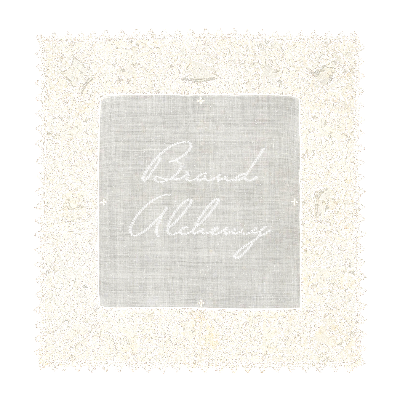 A white lace handkerchief with intricate floral and vine patterns, with the words 'Brand Alchemy' embroidered in cursive in the center.