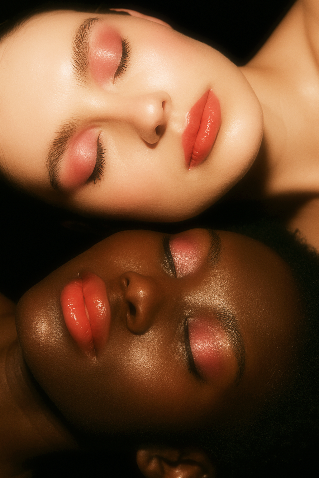 Close-up of two women with closed eyes, one with fair skin and the other with dark skin, lying on a black surface, showcasing their makeup and facial features.