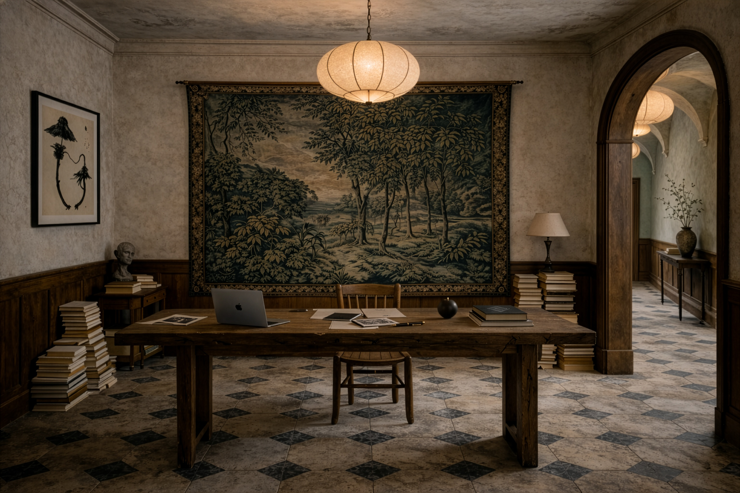A cozy, vintage-style room with a wooden table, surrounded by stacks of books, a laptop, and a few papers. The walls feature a framed art piece and a large tapestry depicting a forest scene. The room has a warm light from a chandelier, and there is a doorway with rounded arches leading to another space with a table and a vase of dried branches.