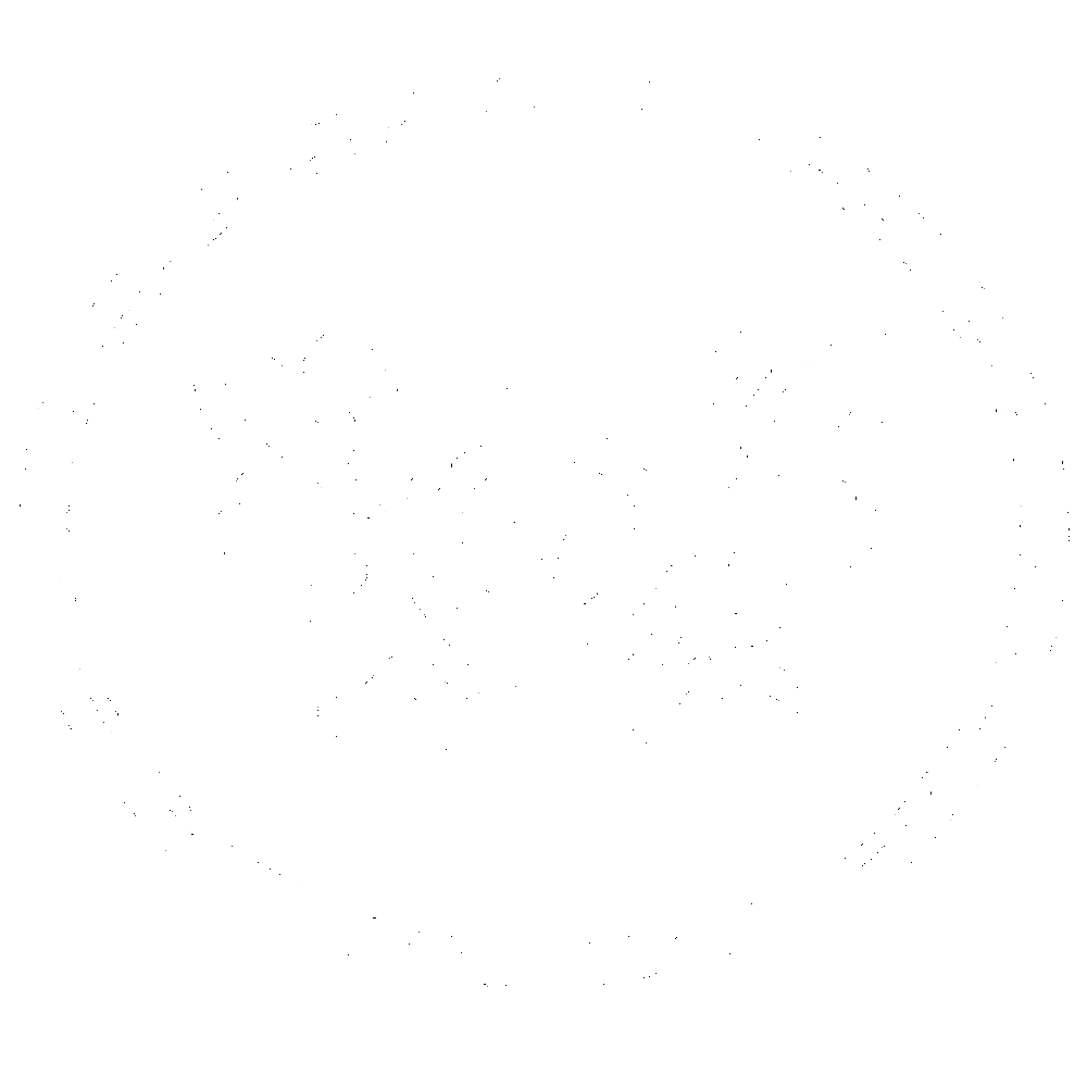 A white emblem logo of an irregular stamp of a winged eye.