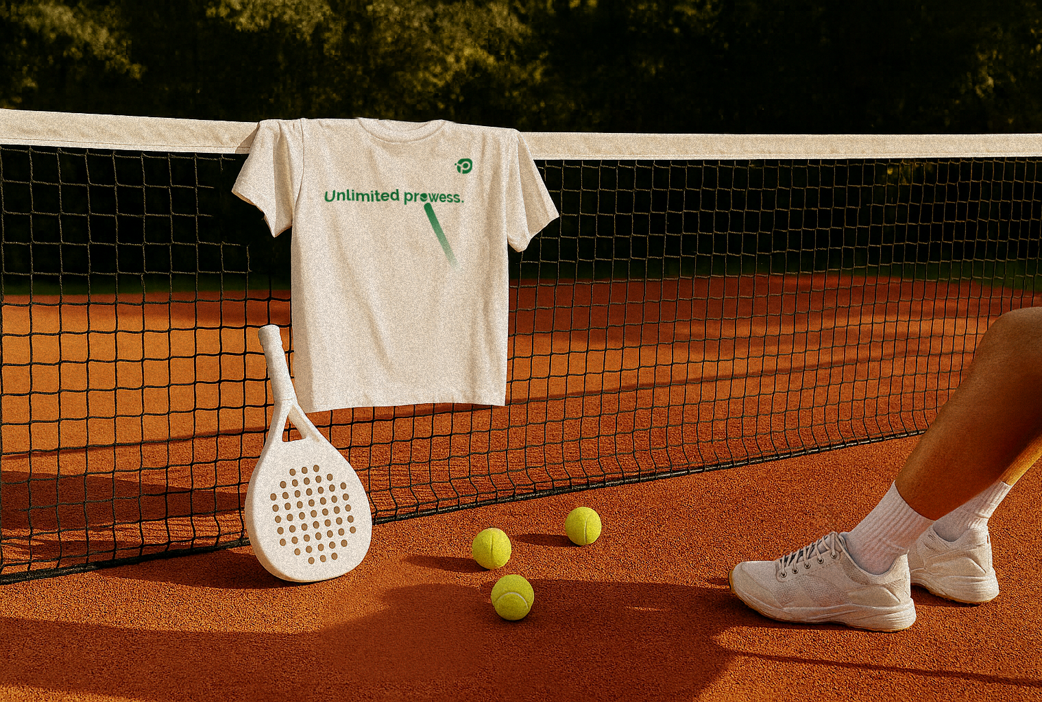 Tennis court with a man’s legs only, wearing white sneakers and white socks, three tennis balls on the ground, a tennis paddle leaning against the net, and a white t-shirt hanging on the net with green text that reads 'Unlimited prowess'.