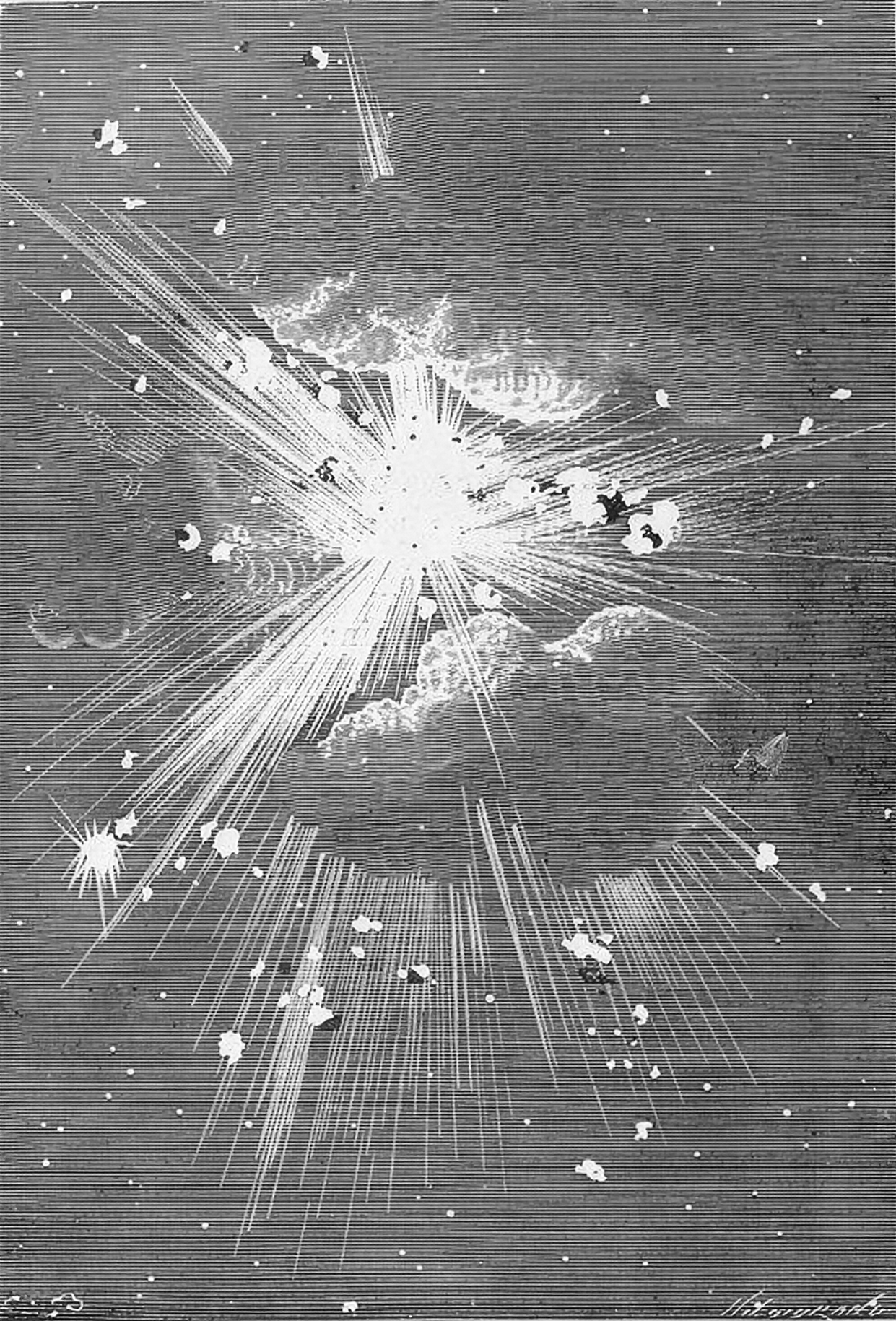 Black and white etching or antique illustration of an explosion or burst in space with lines radiating outward, debris, and distant planets or celestial objects.