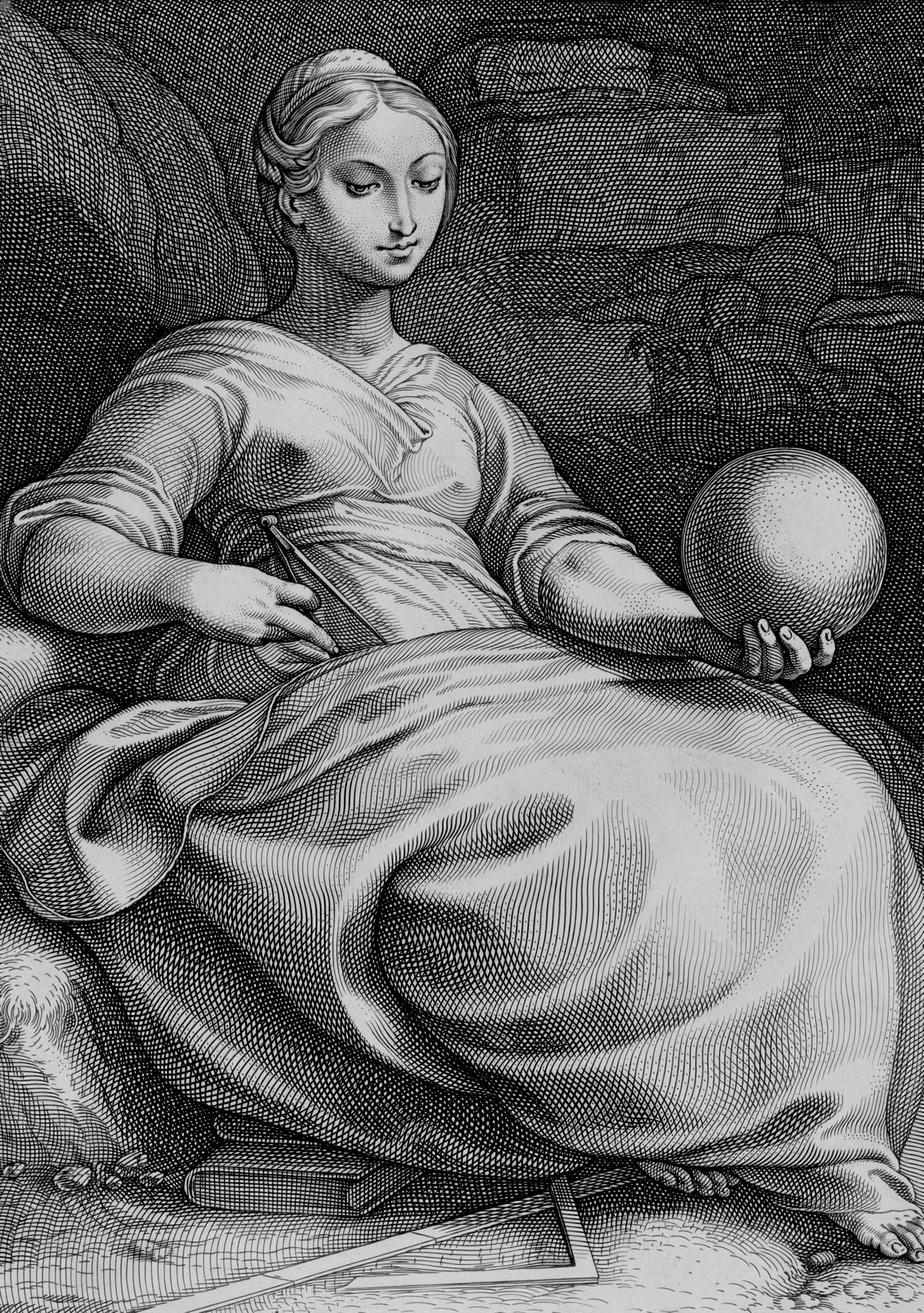 A black and white engraving of a woman on a long dress sitting and holding a globe in her left hand. Art is Erato (The Muse of Erotic Poetry) by the Dutch artist Hendrik Goltzius, created around 1592.