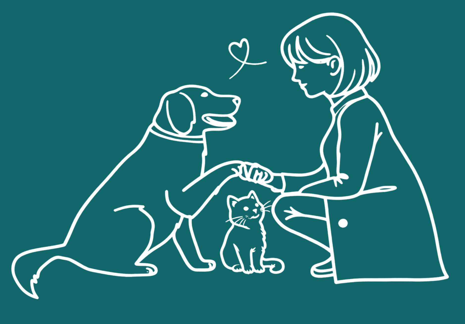 Line drawing of a woman petting a dog while holding a leash, with a cat sitting in front of them, all on a teal background.