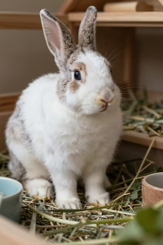 Cute rabbit with white and gray fur sitting in a bedding of hay, surrounded by small dishes, inside a wooden enclosure.