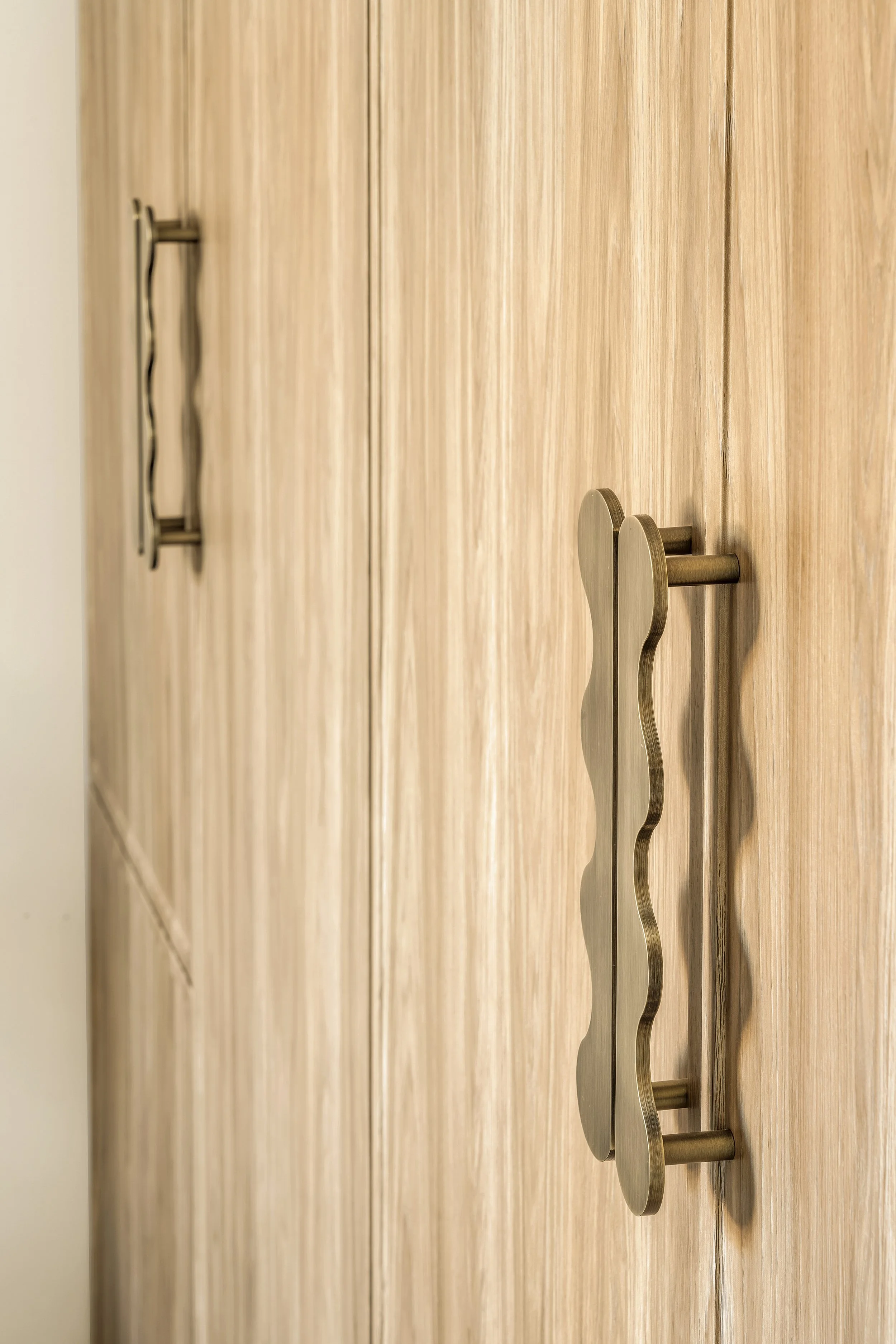 Close-up view of brushed metal door handles on wooden cabinet doors.