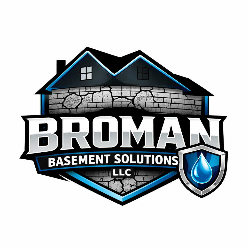 Logo for Bromann Basement Solutions LLC featuring a house with cracks and a water droplet shield.