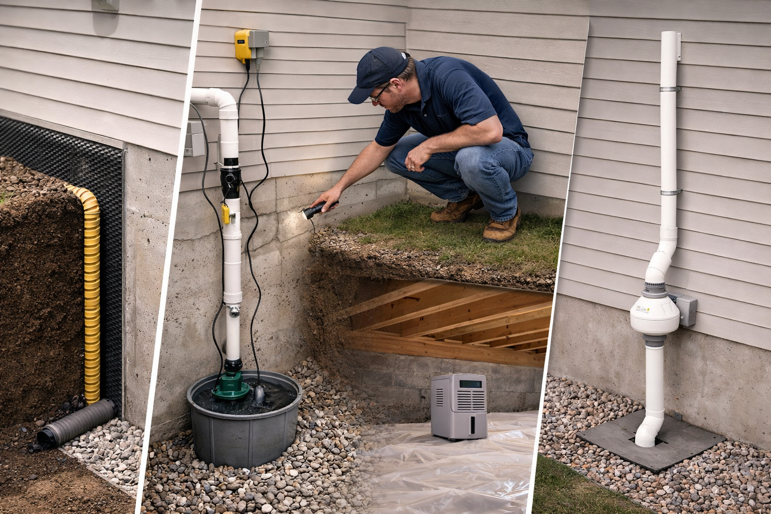 Three images showing different stages of installing or repairing a plumbing system outside a house. The first image shows plumbing pipes, the second shows a man working on pipes with a flashlight, and the third shows a completed pipe system.