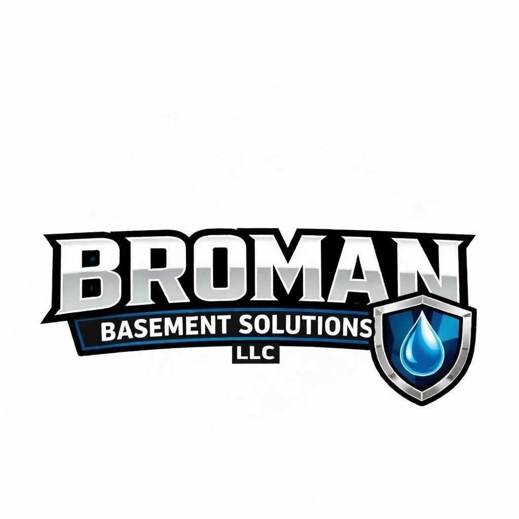 Logo for Broman Basement Solutions LLC featuring the company name and a shield with a water droplet