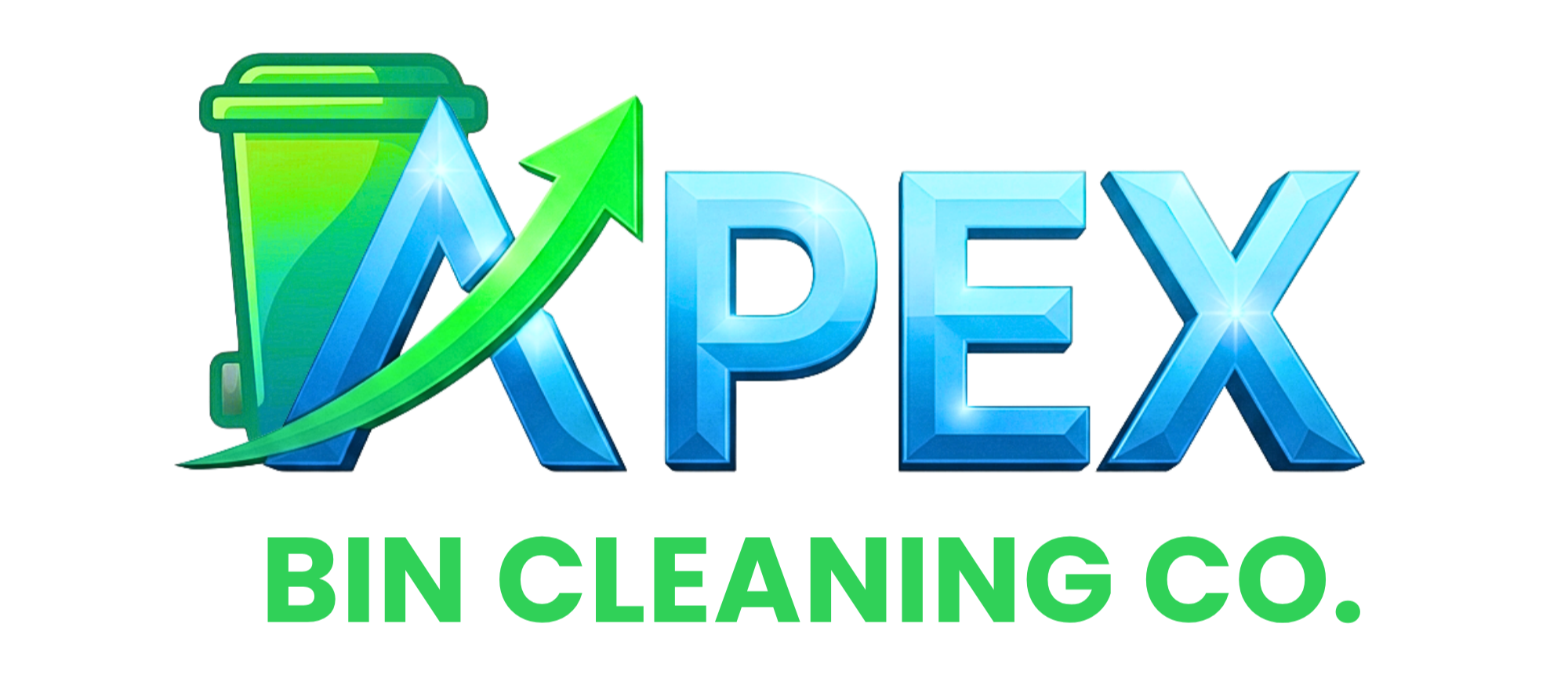 Logo of Apex in blue 3D text with green and blue upward arrow, with 'Bin Cleaning Company' text below.