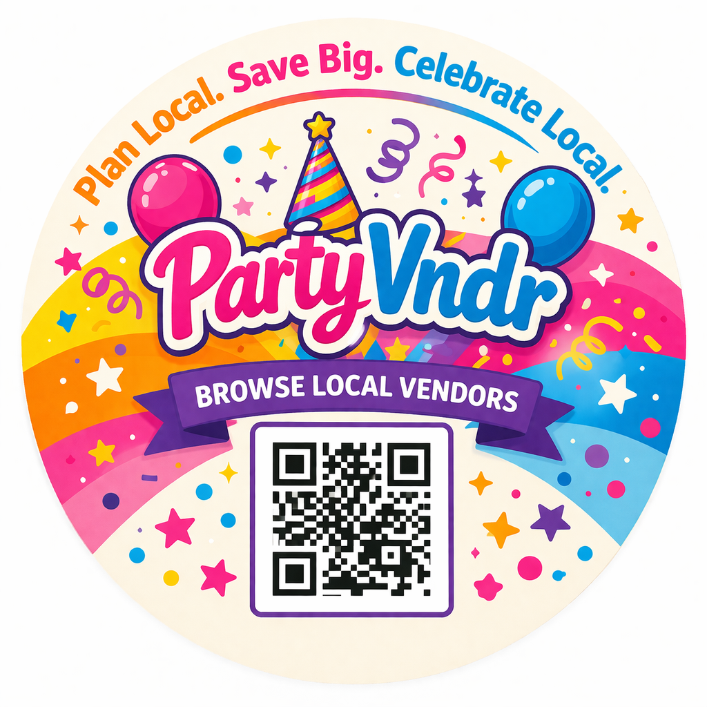 Colorful circular sticker promoting local vendor browsing at a party-themed event with balloons, confetti, stars, and a party hat, featuring a QR code for finding local vendors.