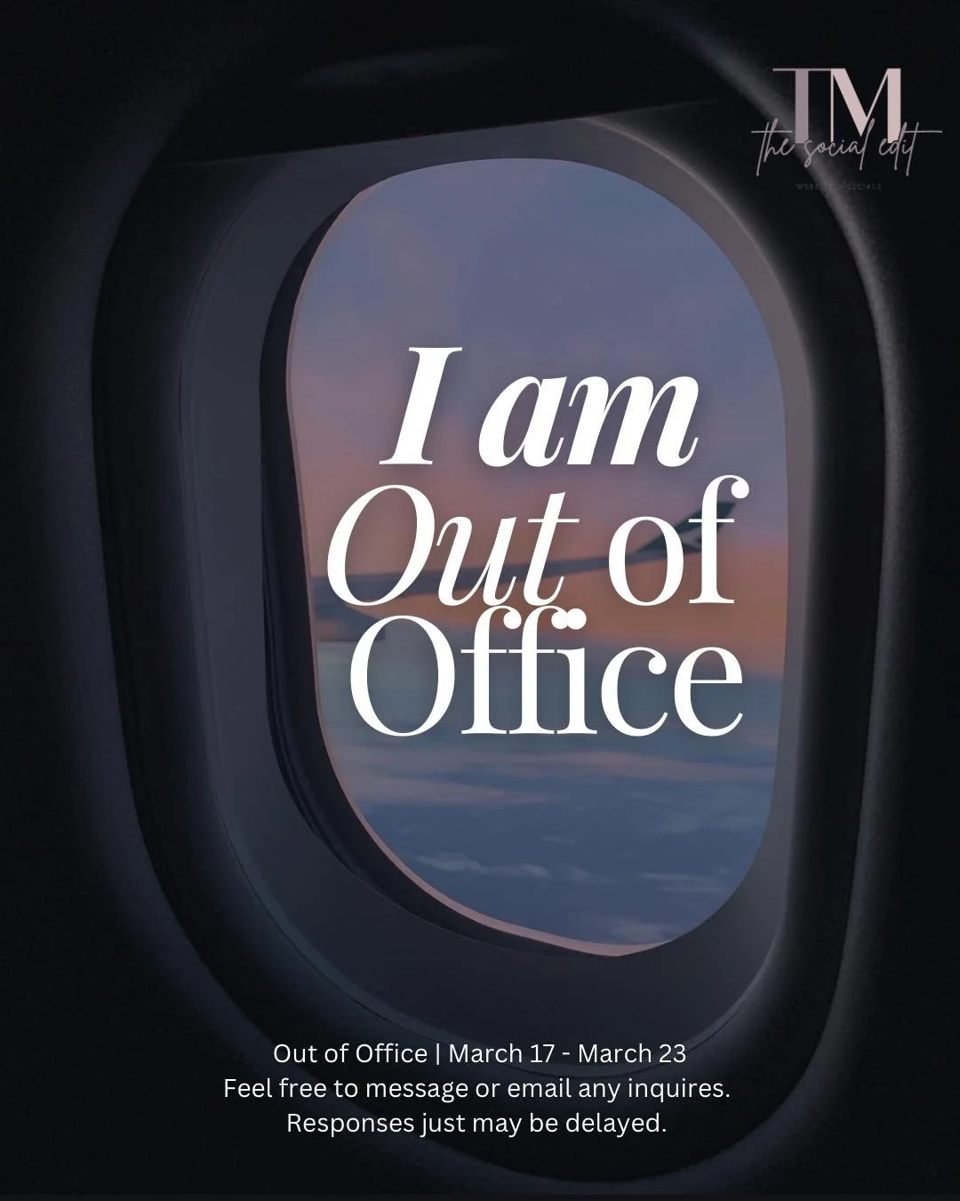 Out of office | March 17 - March 23

Responses may be a little delayed, but I&rsquo;ll be back soon and ready to work together 💻✨

Feel free to message or email with any inquiries still! 

Thank you for your patience and continued support&mdash;it t