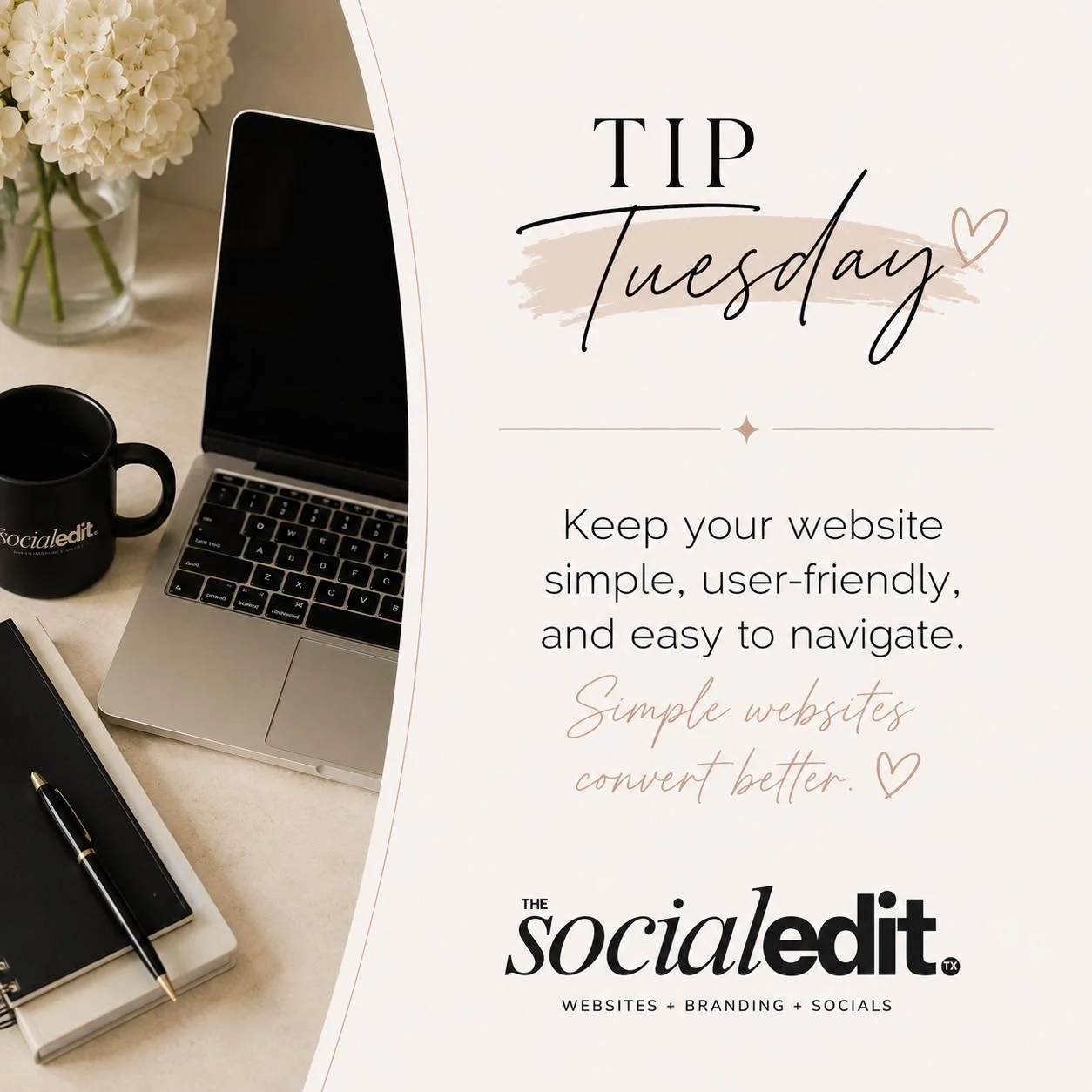✨ TIP TUESDAY ✨

When it comes to websites, LESS is more. 

If customers can&rsquo;t quickly figure out:
&bull; What you offer 
&bull; How to contact you 
&bull; How to book or buy 

Then, you&rsquo;re probably losing leads without realizing it.

Sim