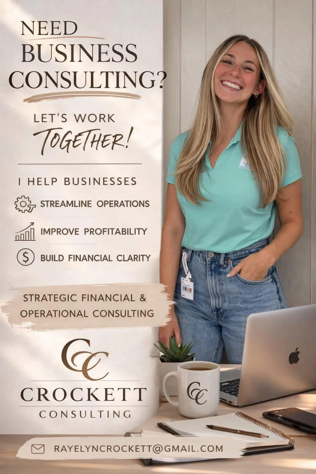 A woman smiling at a consulting firm booth with a sign that reads 'Need Business Consulting? Let's Work Together!'. The sign details services like streamlining operations, improving profitability, and building financial clarity. The booth features a laptop, a potted plant, a coffee mug, and a notepad.