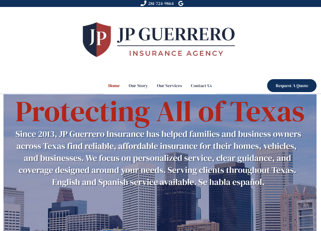 Screenshot of JP Guerrero Insurance Agency website featuring the company's logo, contact information, navigation menu, and a banner with the message "Protecting All of Texas" over a city skyline