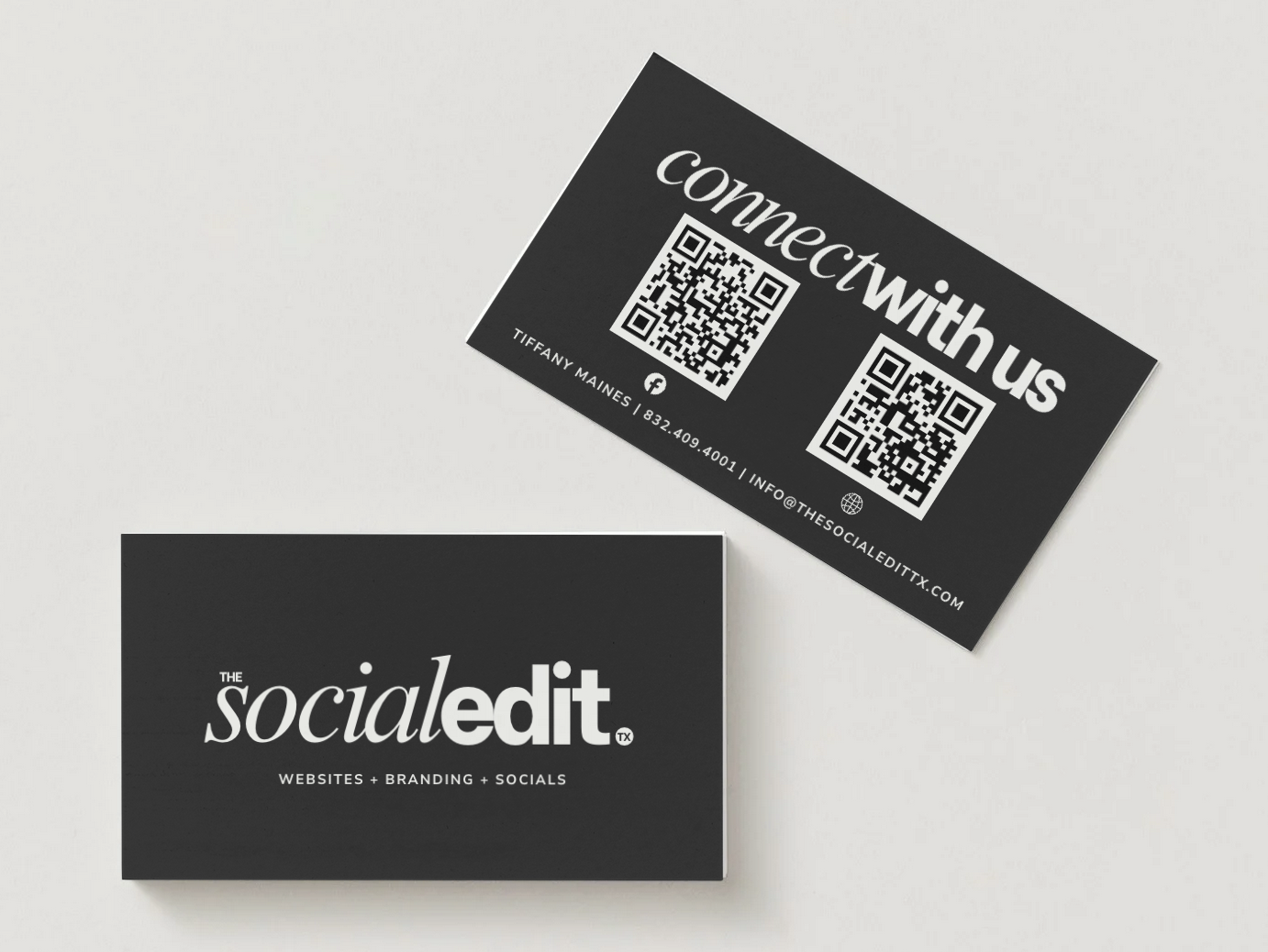Business card set for socialedit, featuring a black background with white text, showcasing the socialedit logo, website, branding, and social media information with QR codes for contact.
