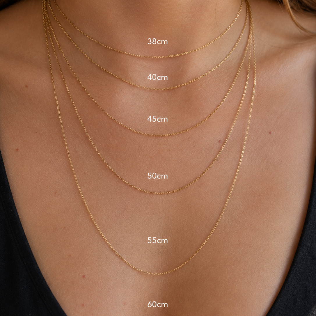 Size chart describing the different length options for necklaces.