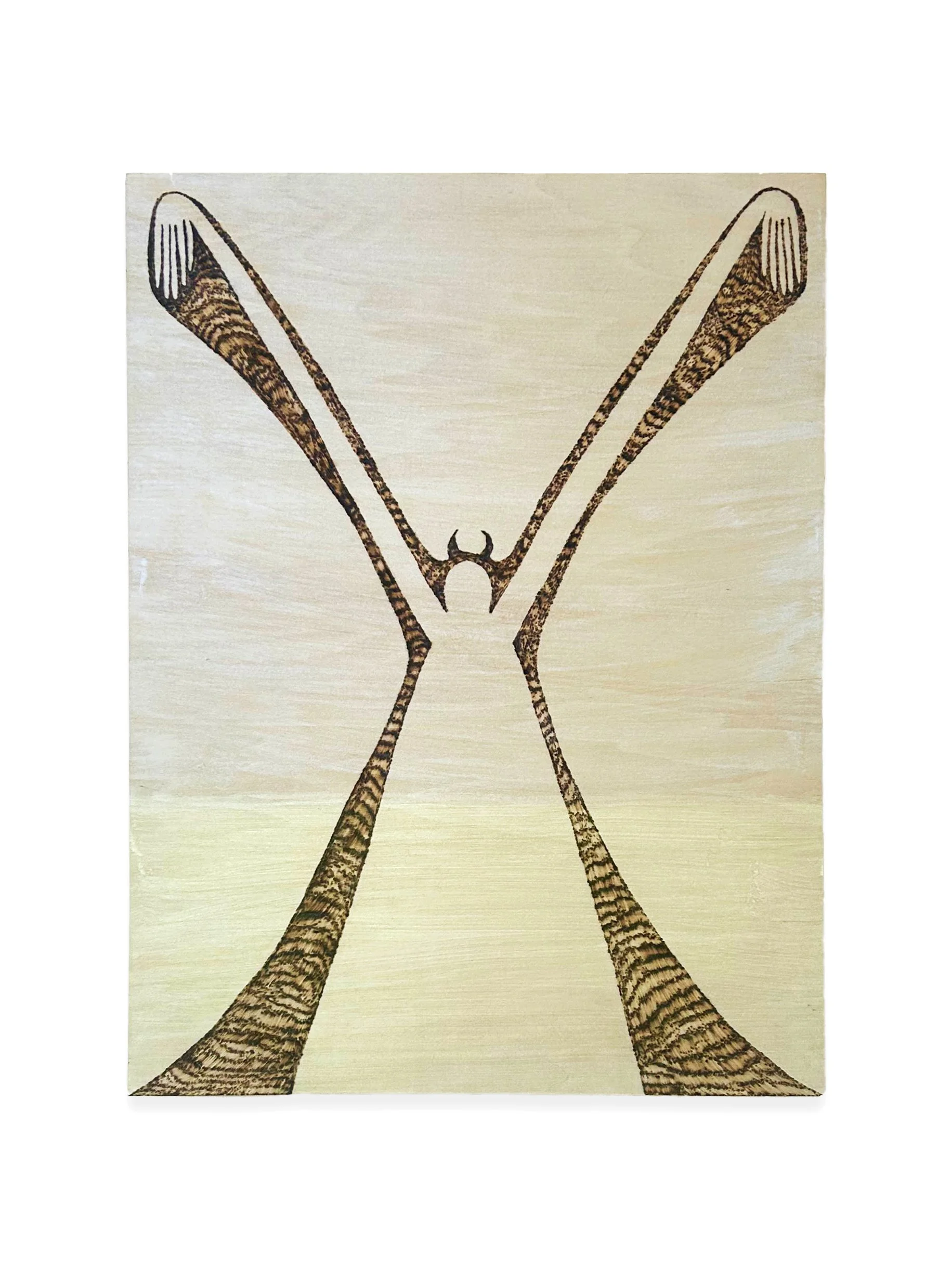 Untitled, pyrography and acrylic ink on wood panel, 16" x 12" x 1 1/2", 2025