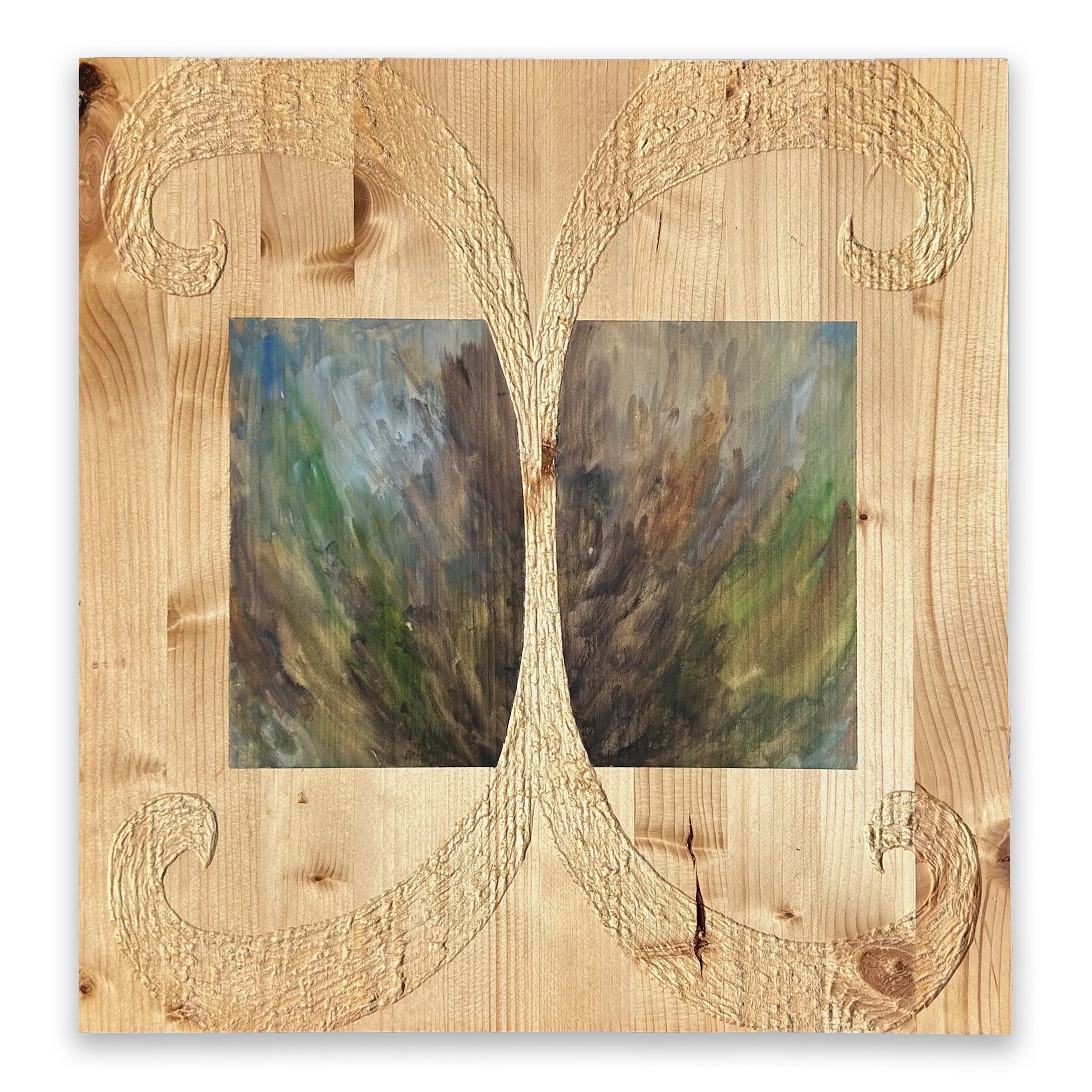 "Dissipate" watercolor, gouache, carved wood, 16 5/8" x 15 6/8", 2025