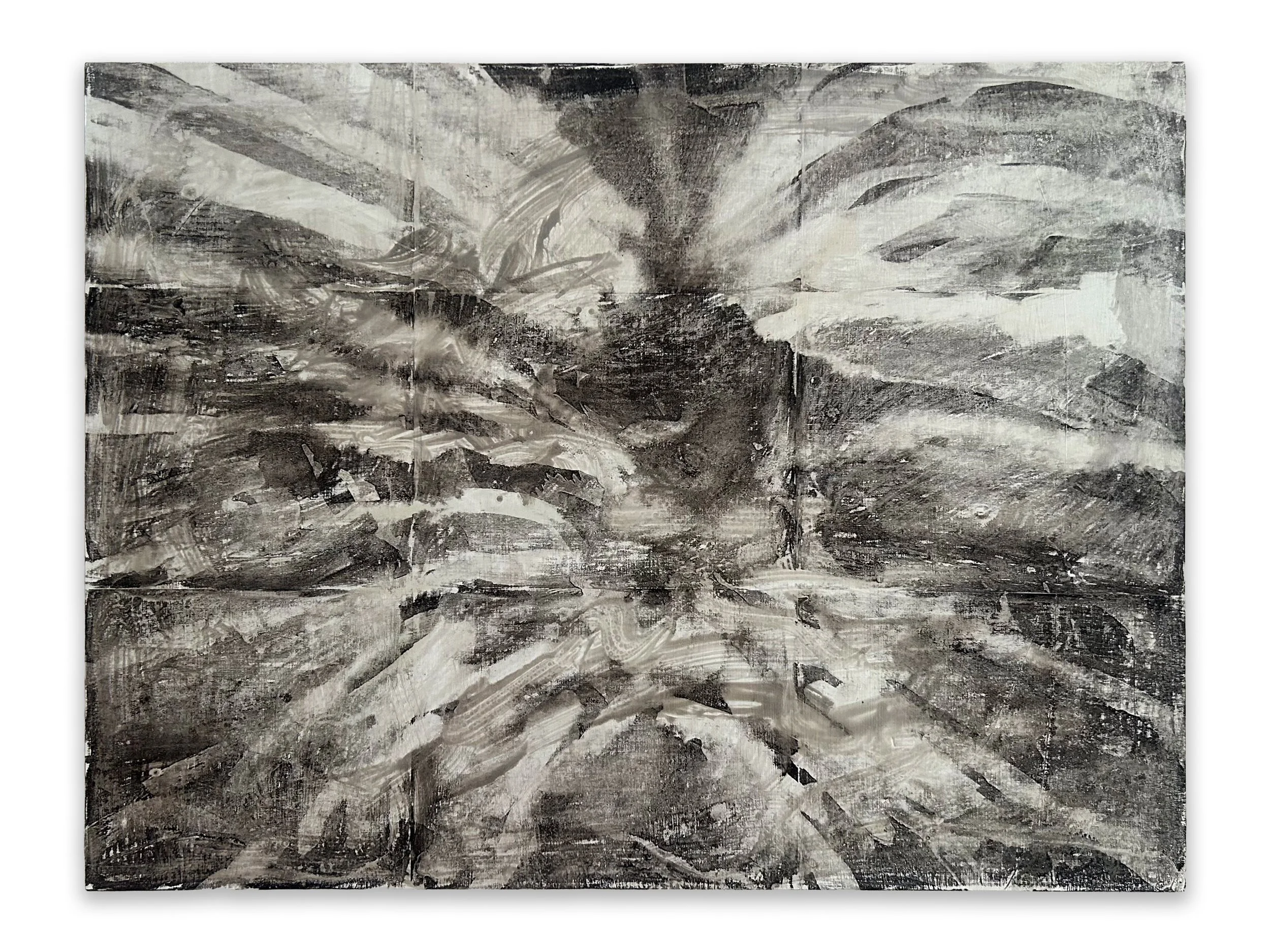 "Recall", toner, acrylic, wood, 18"x 24", 2026