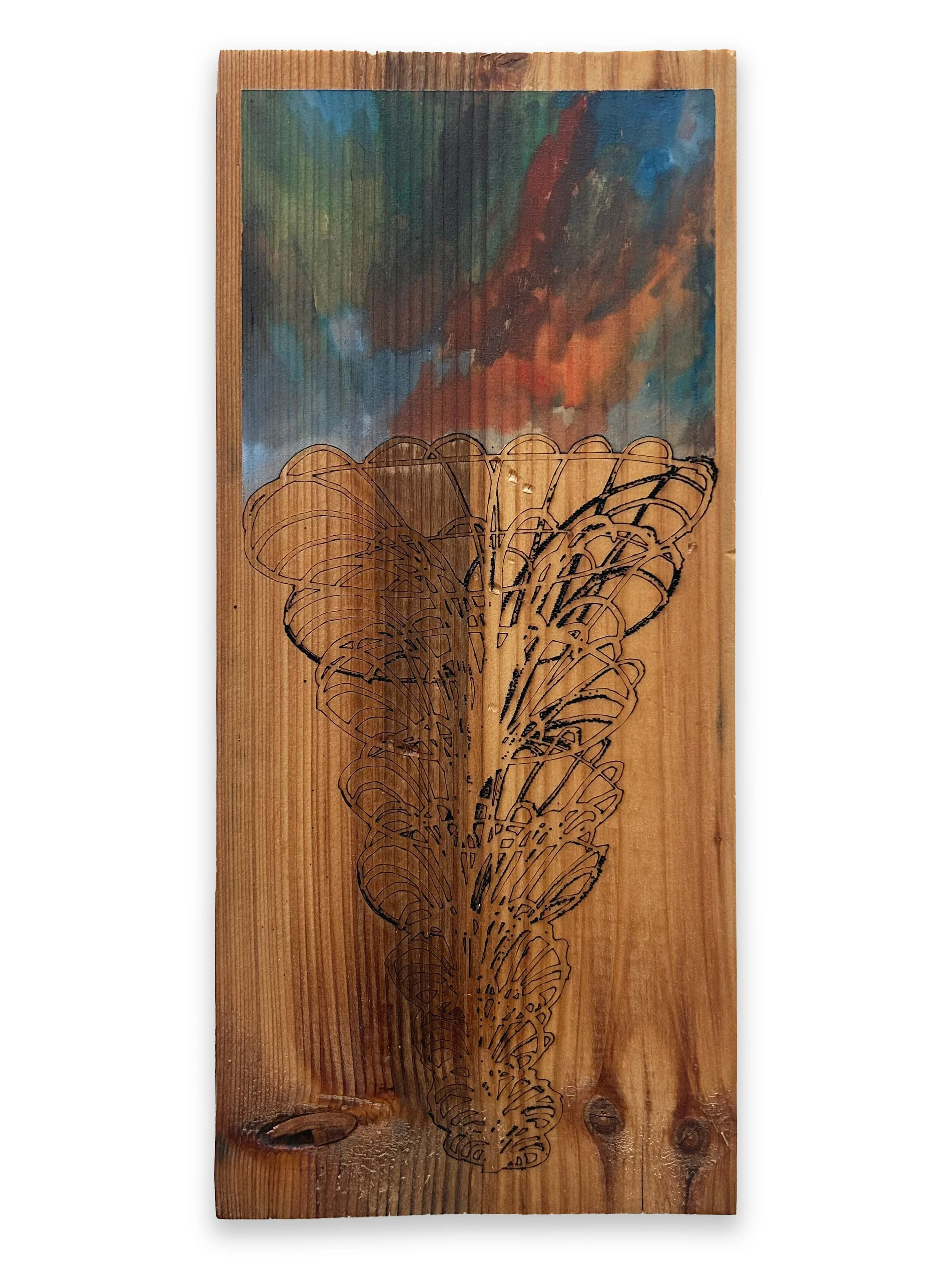 "the big one" watercolor, gouache, laser engraved wood, 13" x 5 1/2", 2026