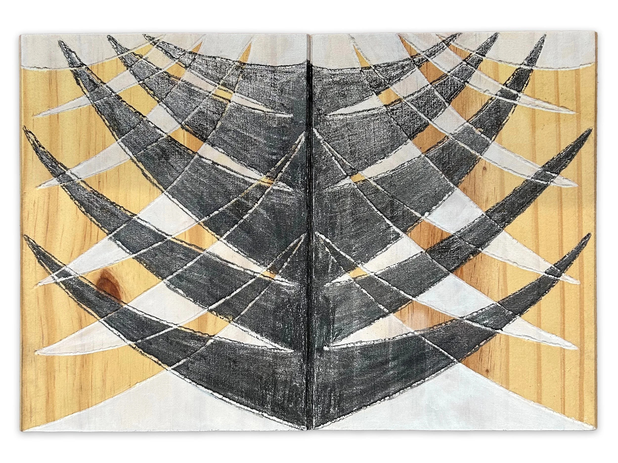 Untitled, graphite, gouache, and carved wood, 9" x 17 1/2", 2025