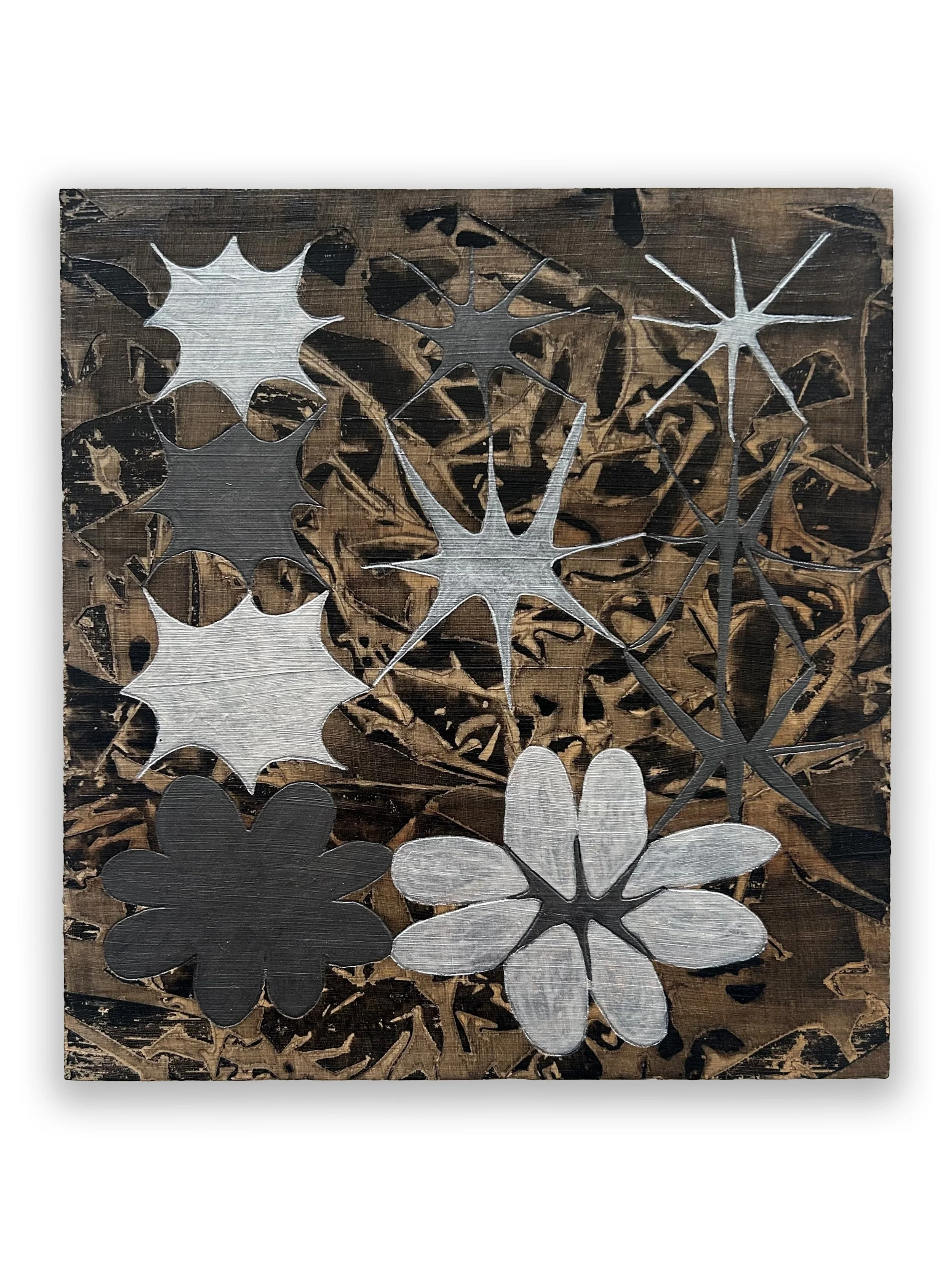 "star study", acrylic ink, india ink, gel medium, laser etched wood, 9" x 8 3/4", 2024