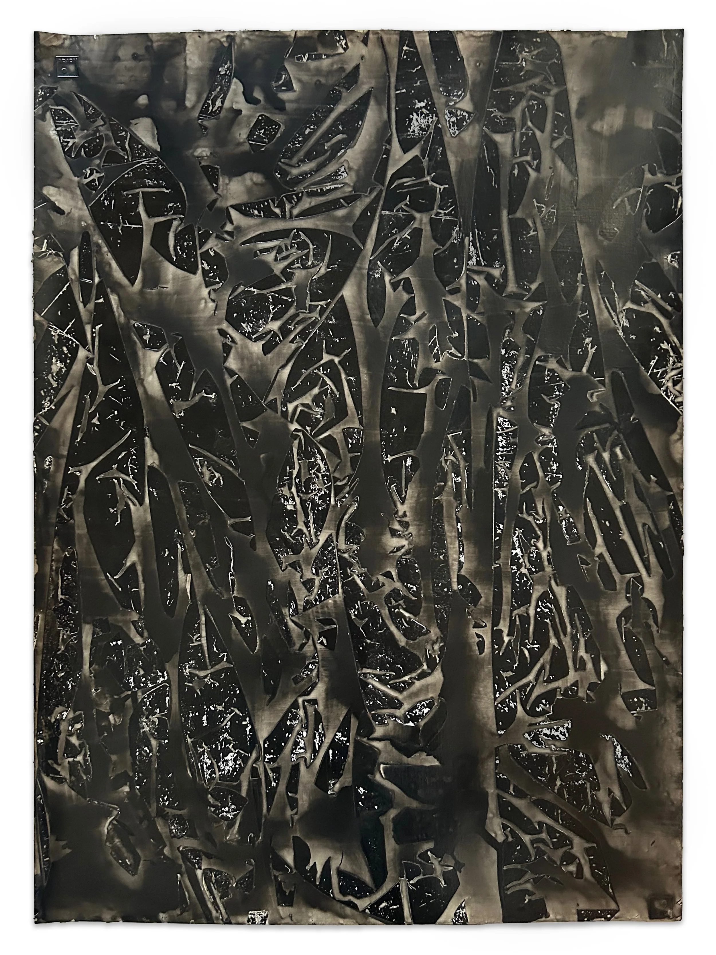 "Forestation" ink, gel medium, paper, 26" x 18 1/2", 2024