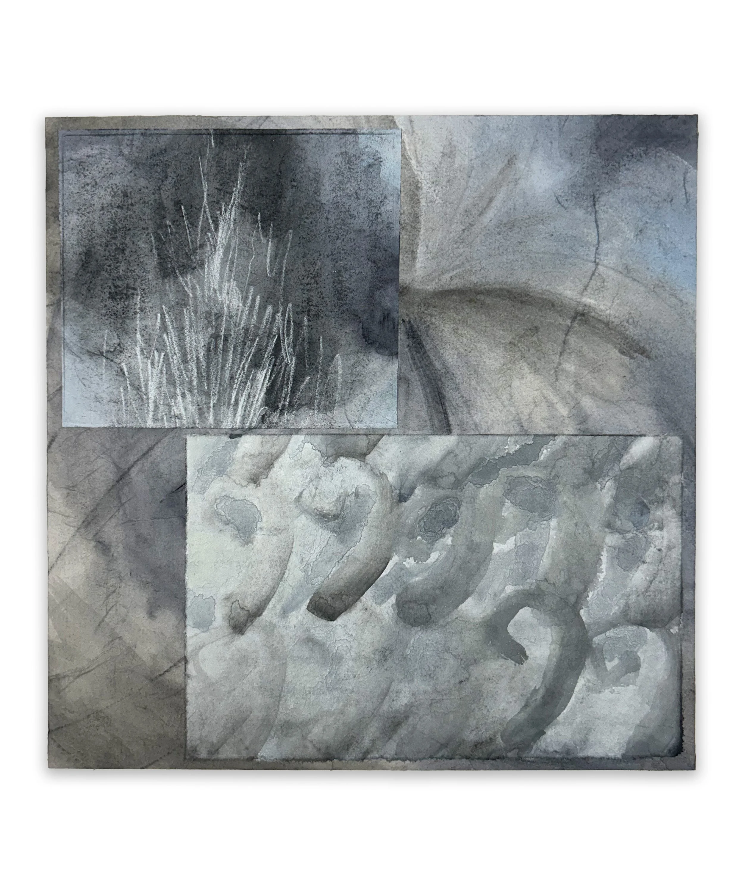 "montage" watercolor, gouache, colored pencil, paper, wood, 12" x 12", 2026