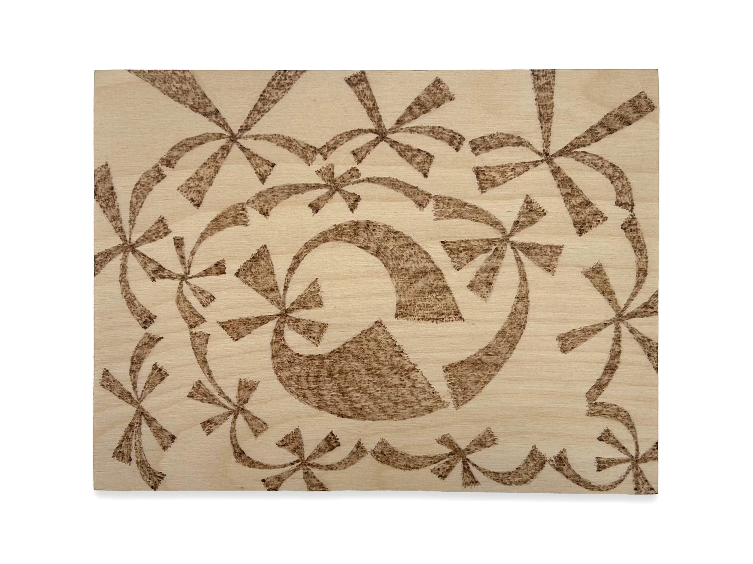 Untitled, pyrography on wood panel, 6" x 8" x  7/8", 2024