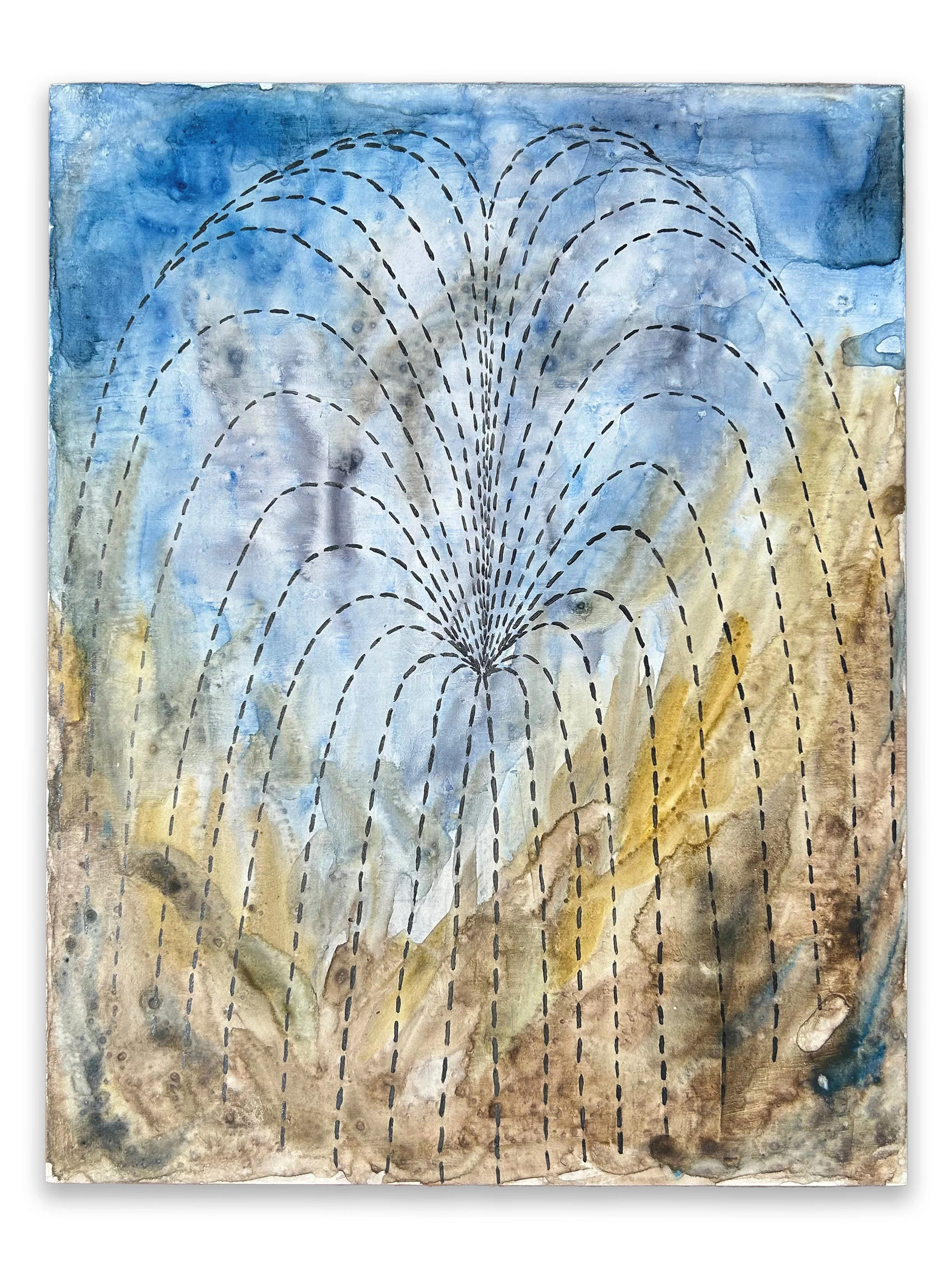 "Shooting Star #1" watercolor and acrylic ink on wood panel, 14" x 11", 2025