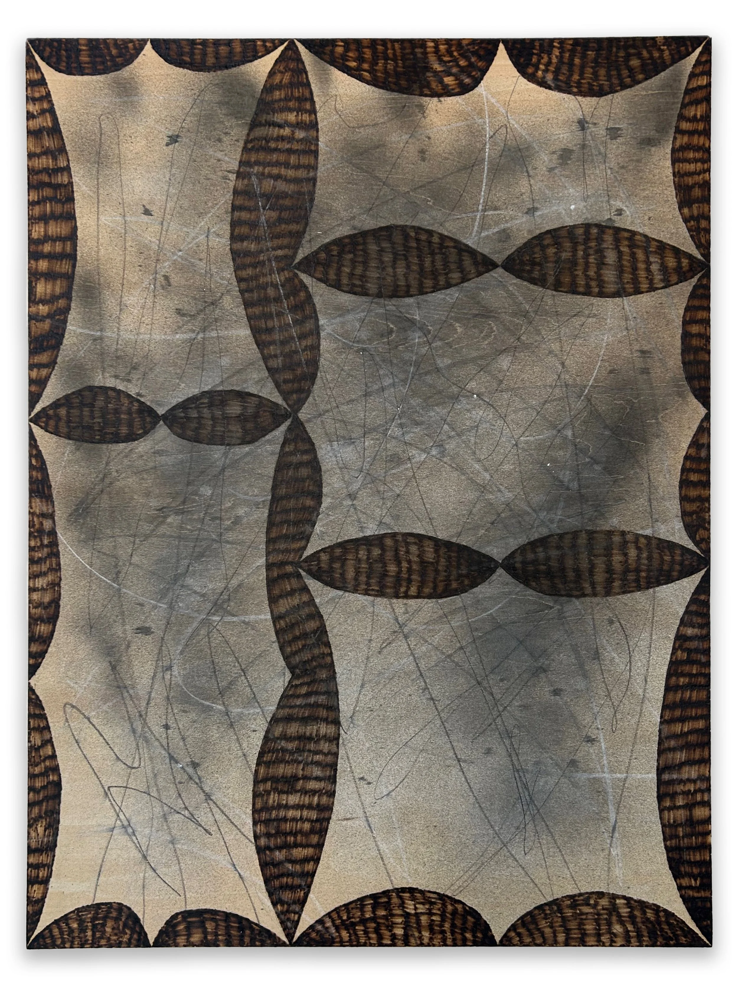 "Place Hold" pyrography, graphite, acrylic, india ink, and colored pencil on wood panel, 24" x 18" x 7/8", 2025 