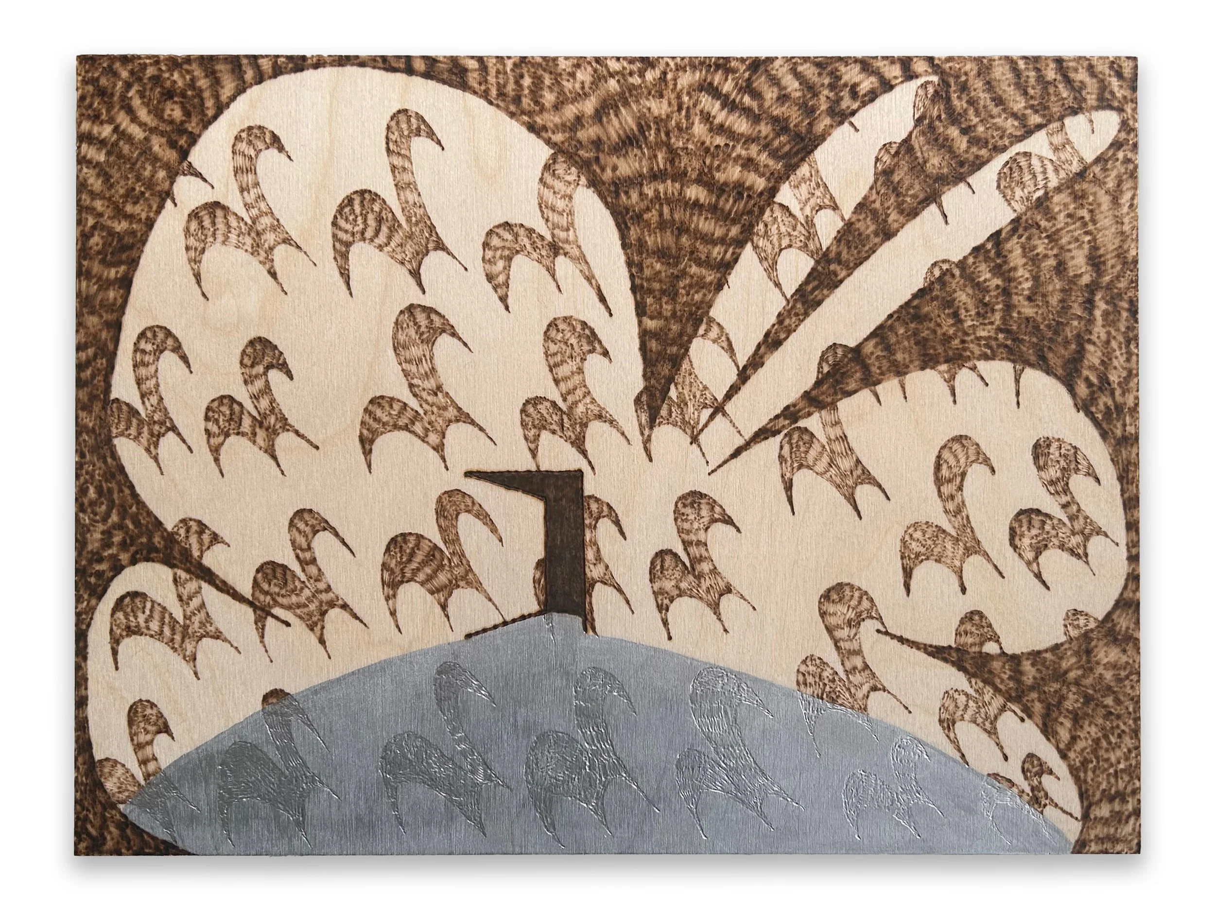 "Stage" pyrography and acrylic ink on wood panel, 9" x 12" x 7/8", 2025 