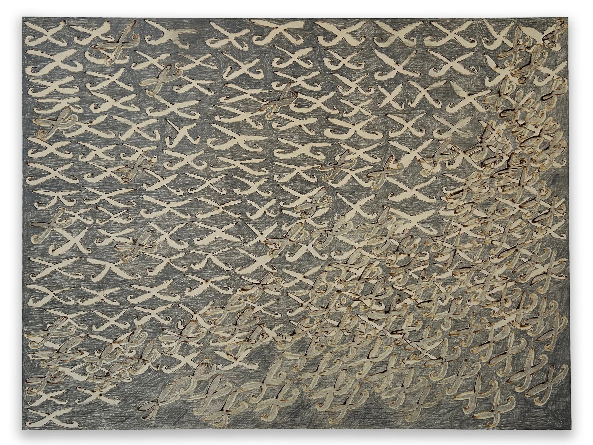 "In my defense" pyrography and graphite on wood panel, 18" x 24", 2025