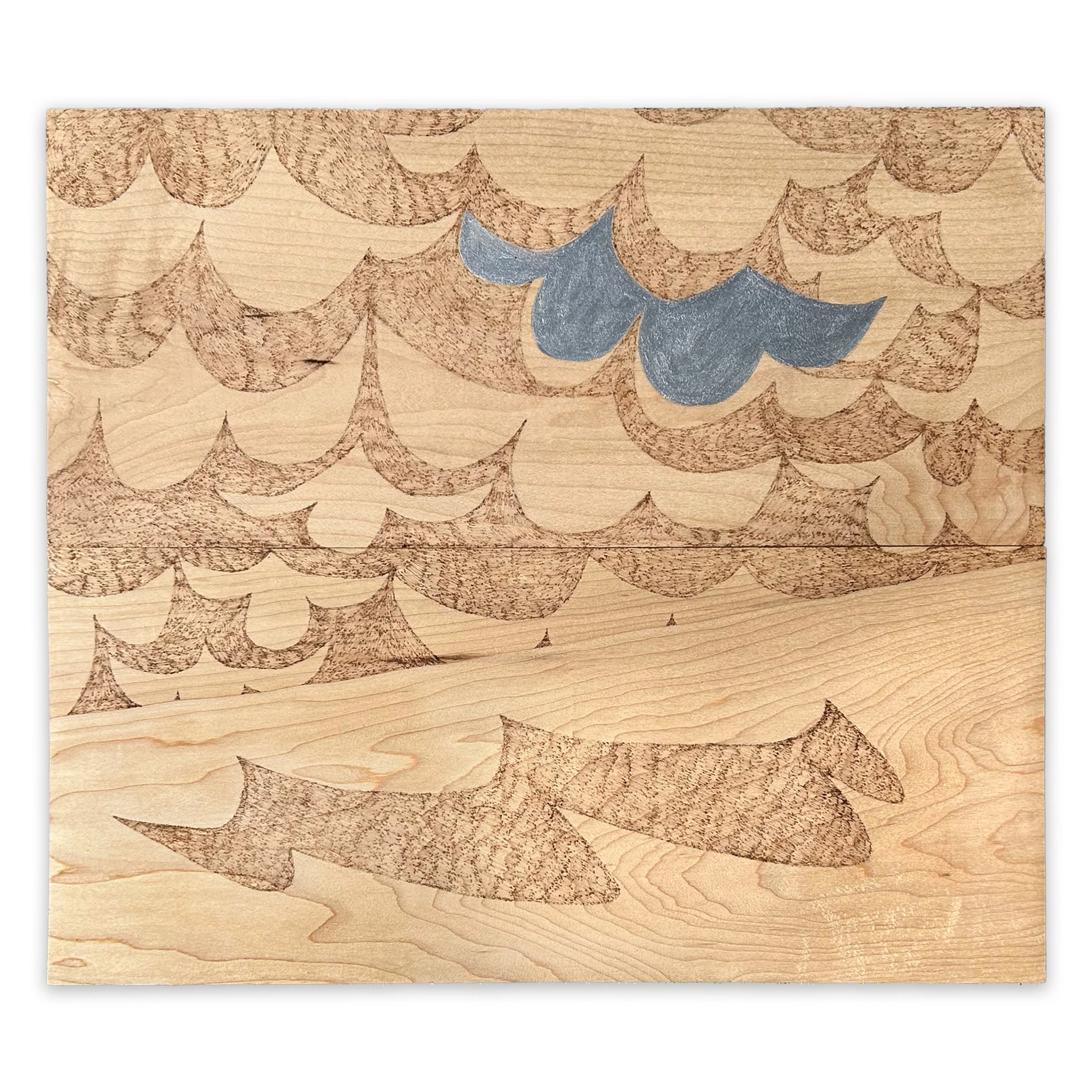 "Flat on my back" pyrography and acrylic ink on wood, 13 1/4" x 15", 2025