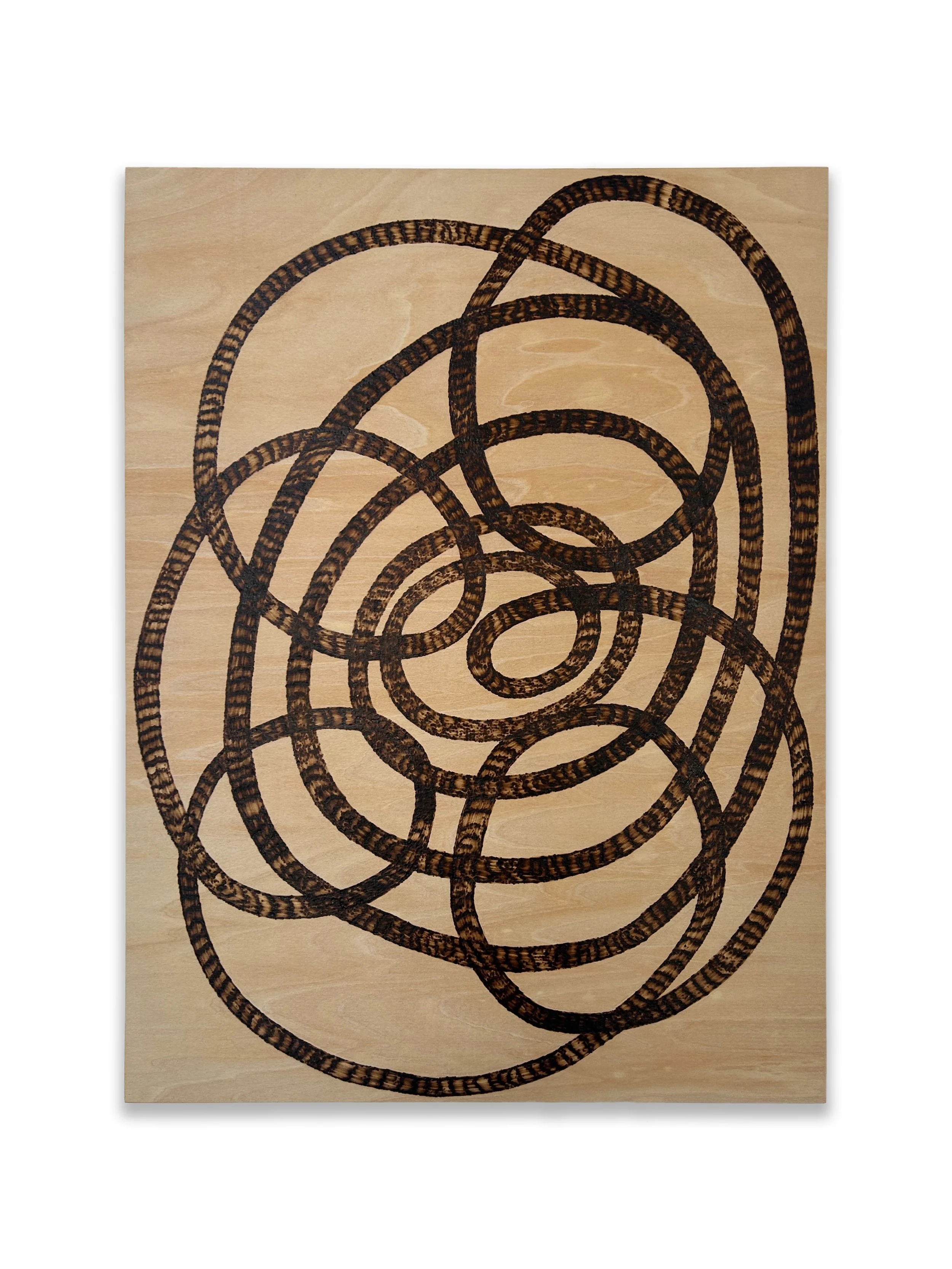 "Choke Hold" pyrography on wood panel, 24" x 18", 2025