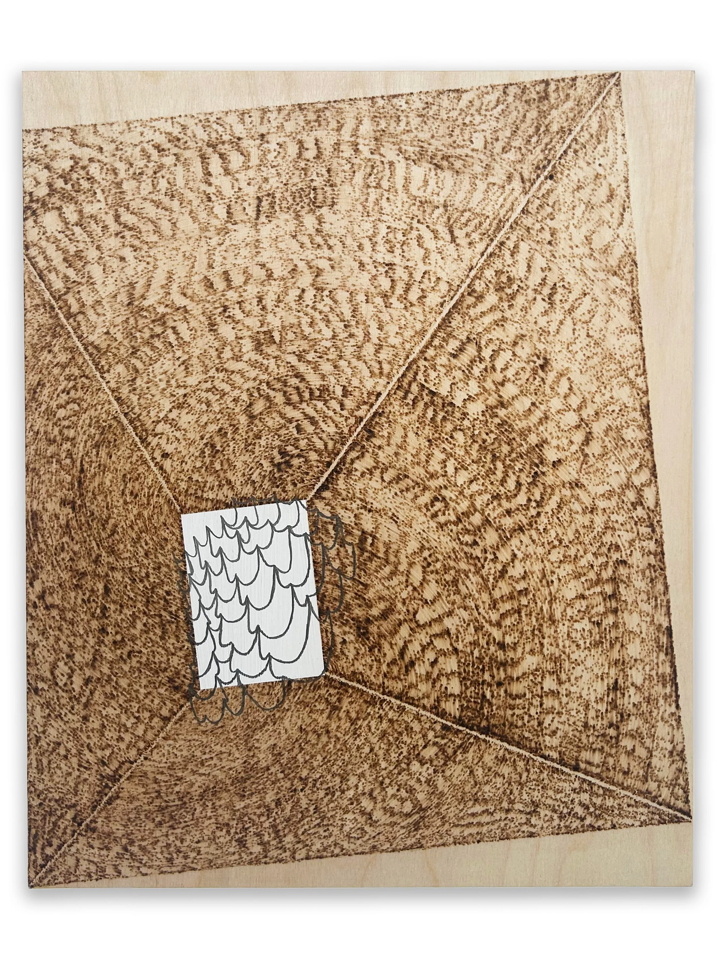 "Kilter" pyrography, graphite, and acrylic paint on wood panel, 20" x 16" x 1", 2024 