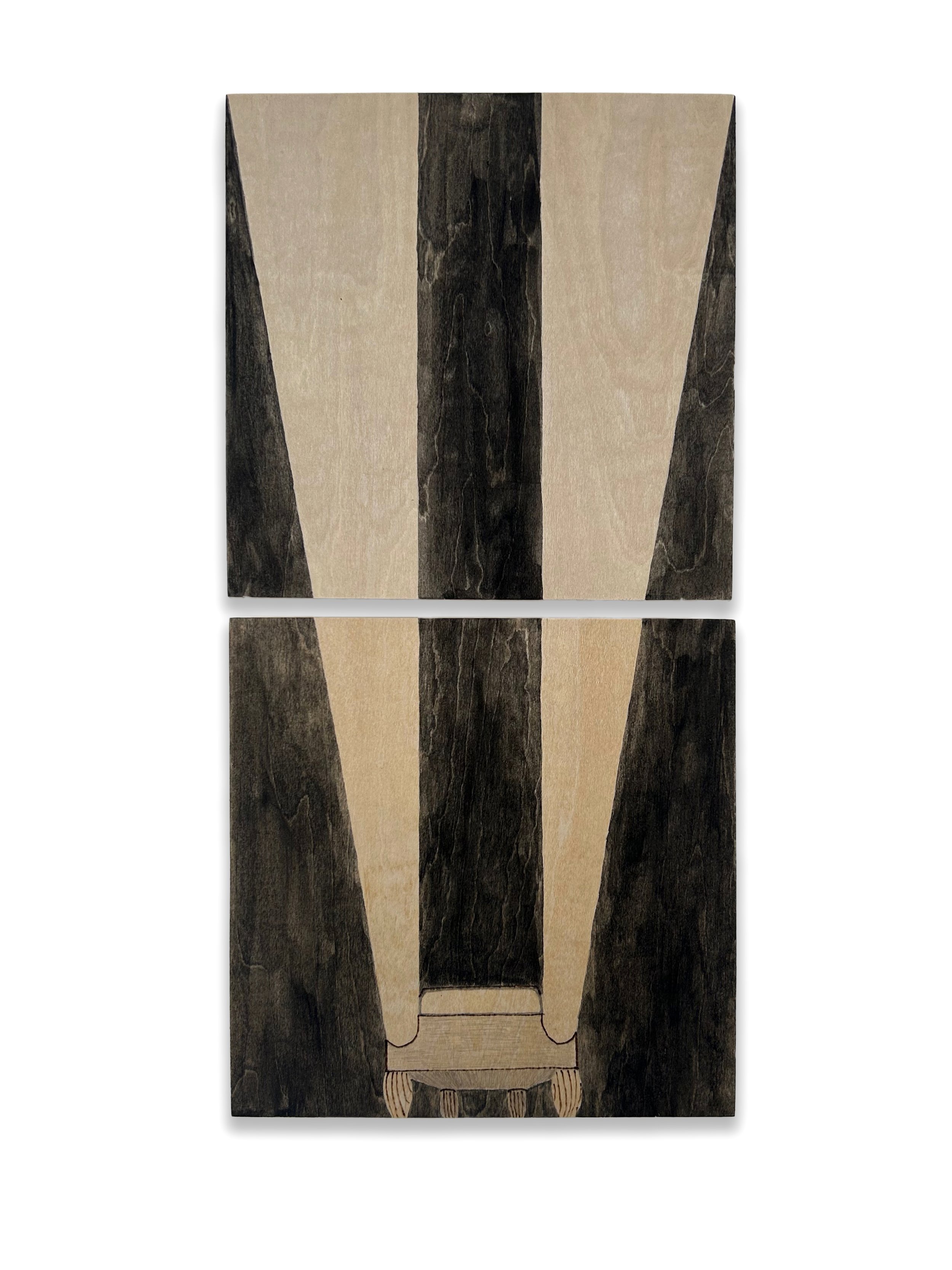 "Up Ahead", pyrography, gouache, and graphite on wood panel, each panel, 6" x 6" x 7/8", 2025