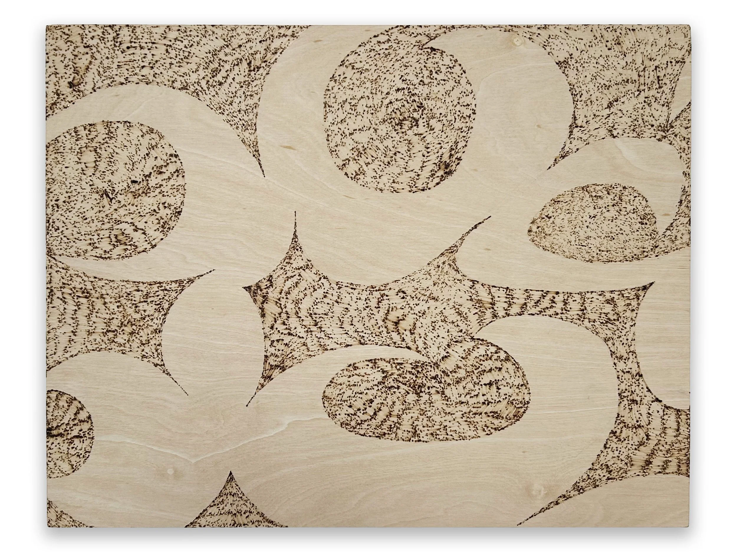 "Horns" pyrography on wood panel, 11" x 14" x  7/8", 2024