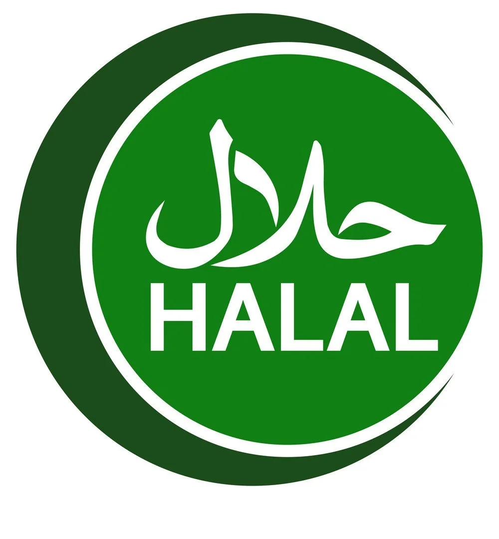 Green circular Halal certification logo with white Arabic script and the word 'HALAL' in English underneath.