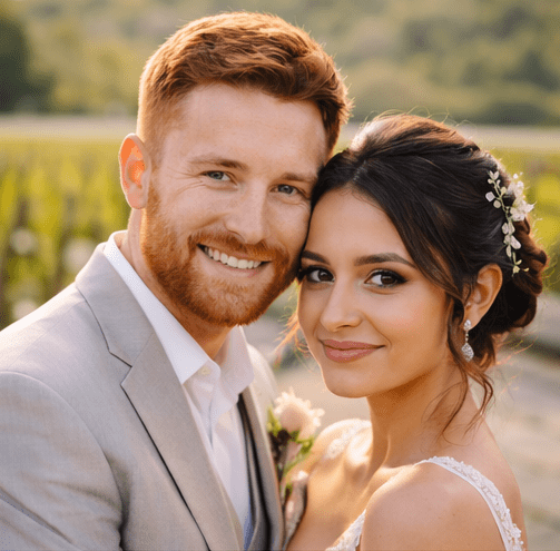 Ein glückliches Paar bei einer Hochzeit im Freien, der Mann trägt einen Anzug, die Frau ein Brautkleid mit Blumendekoration im Haar.