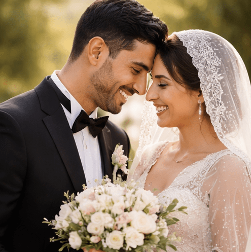 Ein glückliches Brautpaar bei ihrer Hochzeit, lächelnd und sich berührend, im Freien mit grünen Bäumen im Hintergrund.