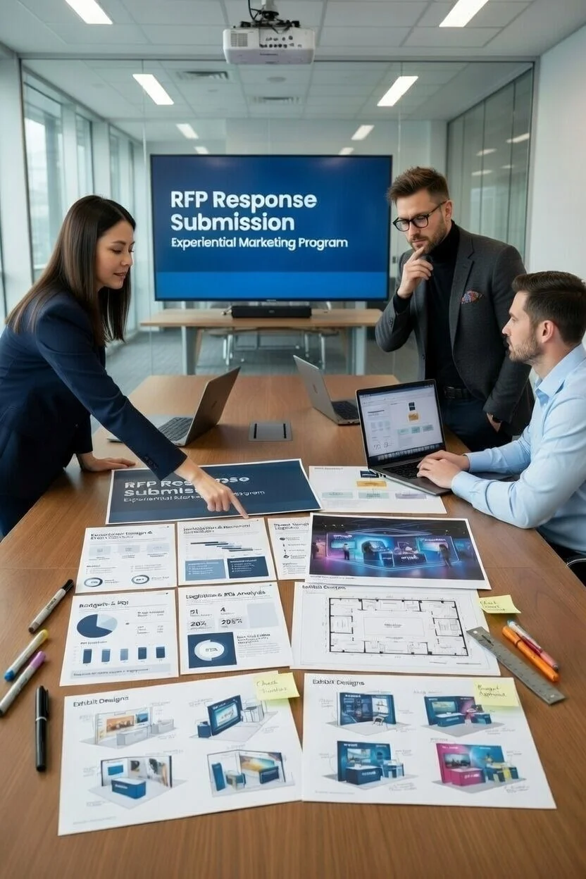 Three professionals in a meeting room discussing a responsive proposal presentation for an experiential marketing program, with various printed materials and laptops on the table.
