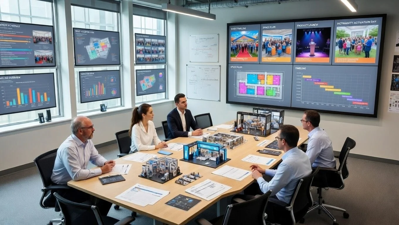 A business meeting with five people sitting around a rectangular conference table in a modern office, watching multiple digital screens displaying graphs, charts, and project plans on the walls.