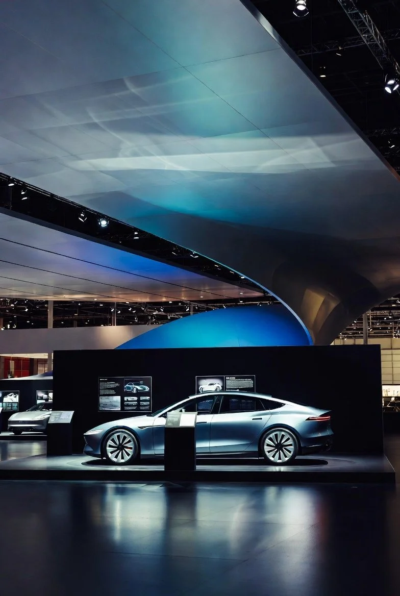 A sleek silver electric car on display at an auto show with informational screens behind it.