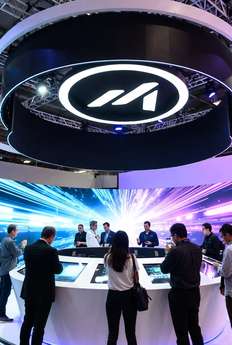 People at a technology exhibition around a circular display with digital screens, with a large illuminated logo above enclosed in a circle, and a digital backdrop with streaks of blue and pink light.