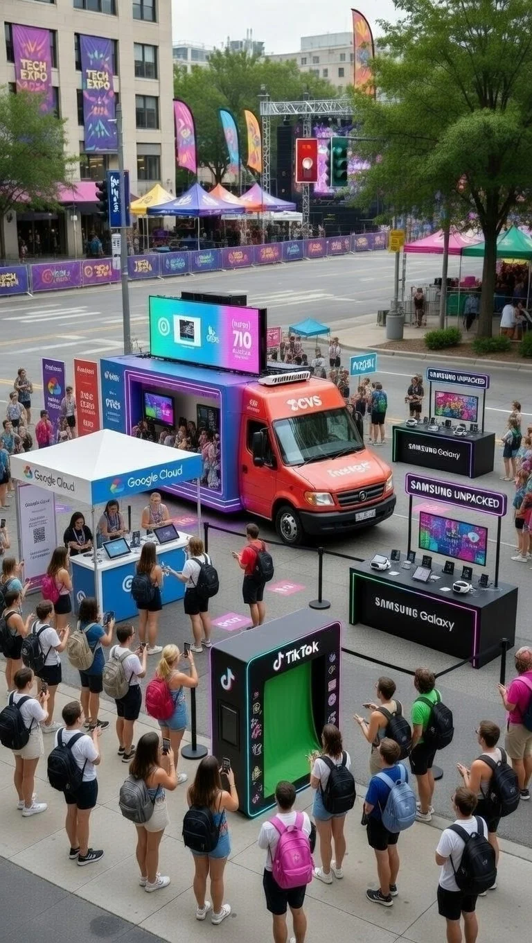An outdoor tech expo with various booths and displays on a city street. People are gathered around a TikTok photo booth, while others explore Google Cloud, Samsung Galaxy, and Verizon exhibits. A large stage with colorful banners and flags is set up in the background.