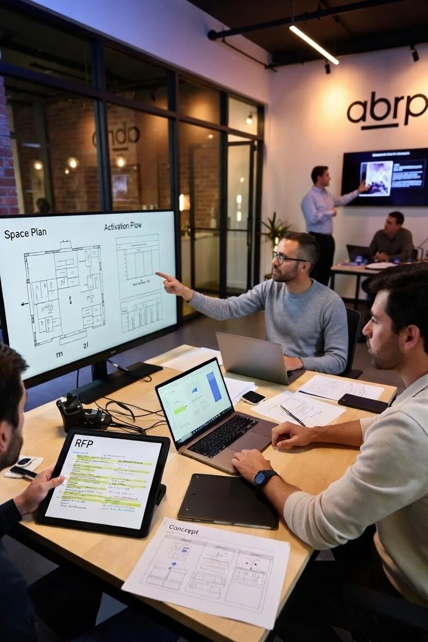 A group of people in a meeting room working on a project, with a large screen displaying floor plans and graphs, laptops, tablets, and documents on the table, and a person presenting at the front of the room.